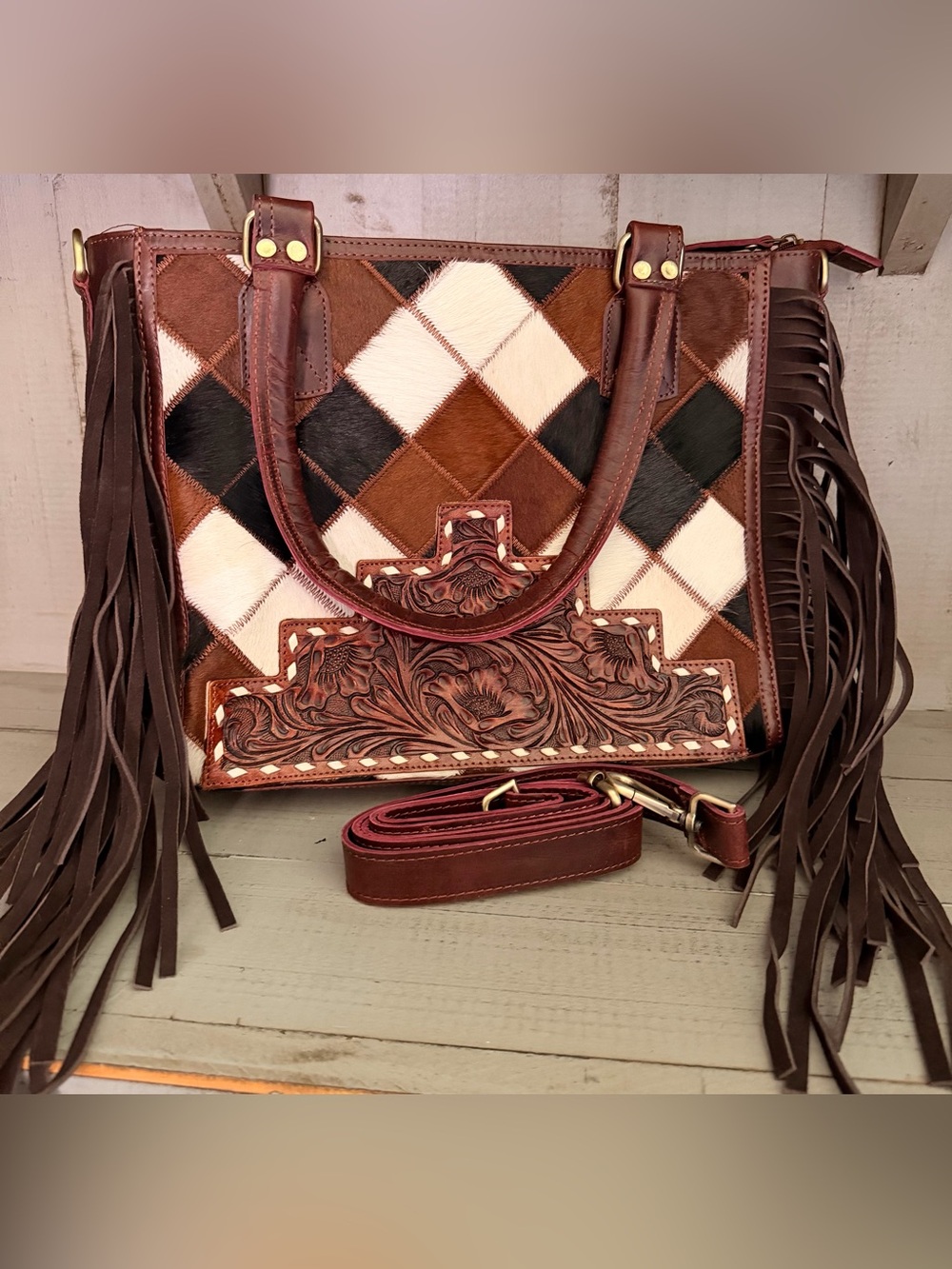 CC Brown Cowhide Patchwork Fringe and Genuine Leather Tooled Tote Bag